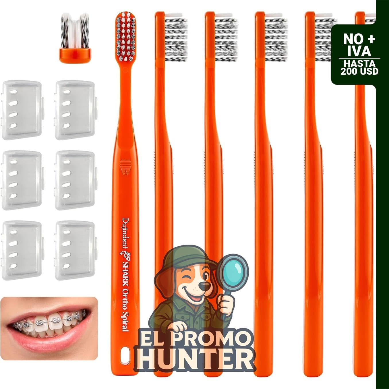 Cepillo de dientes ortodóntico en forma de V con cerdas en espiral y mango ergonómico. Incluye tapa de viaje.