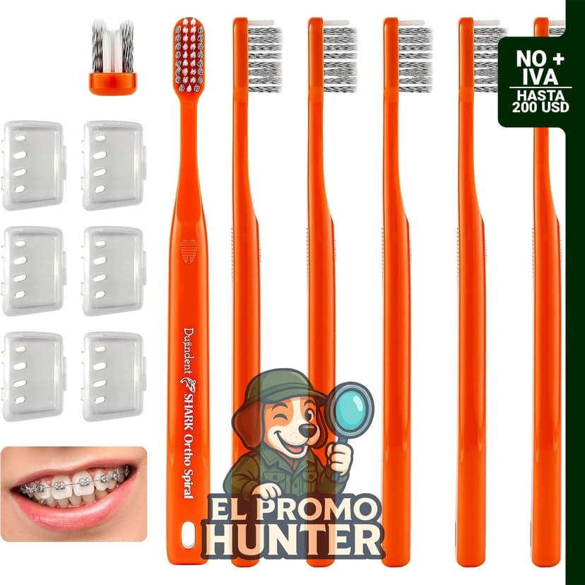 Cepillo de dientes ortodóntico en forma de V con cerdas en espiral y mango ergonómico. Incluye tapa de viaje.