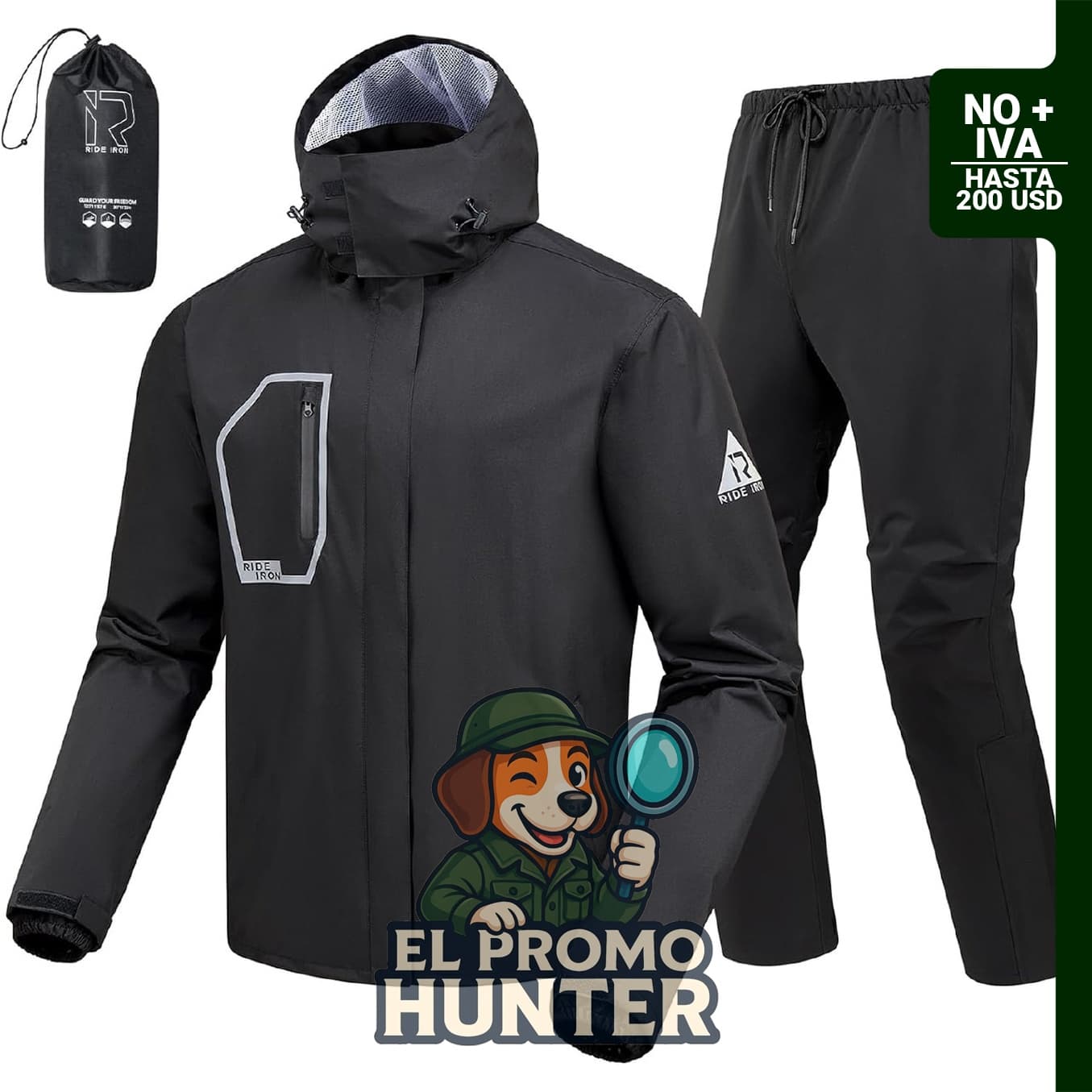 Traje de lluvia para motocicleta RIDEIRON, clasificación 15000 mm, incluye chaqueta y pantalones, capucha desmontable, talla XL.