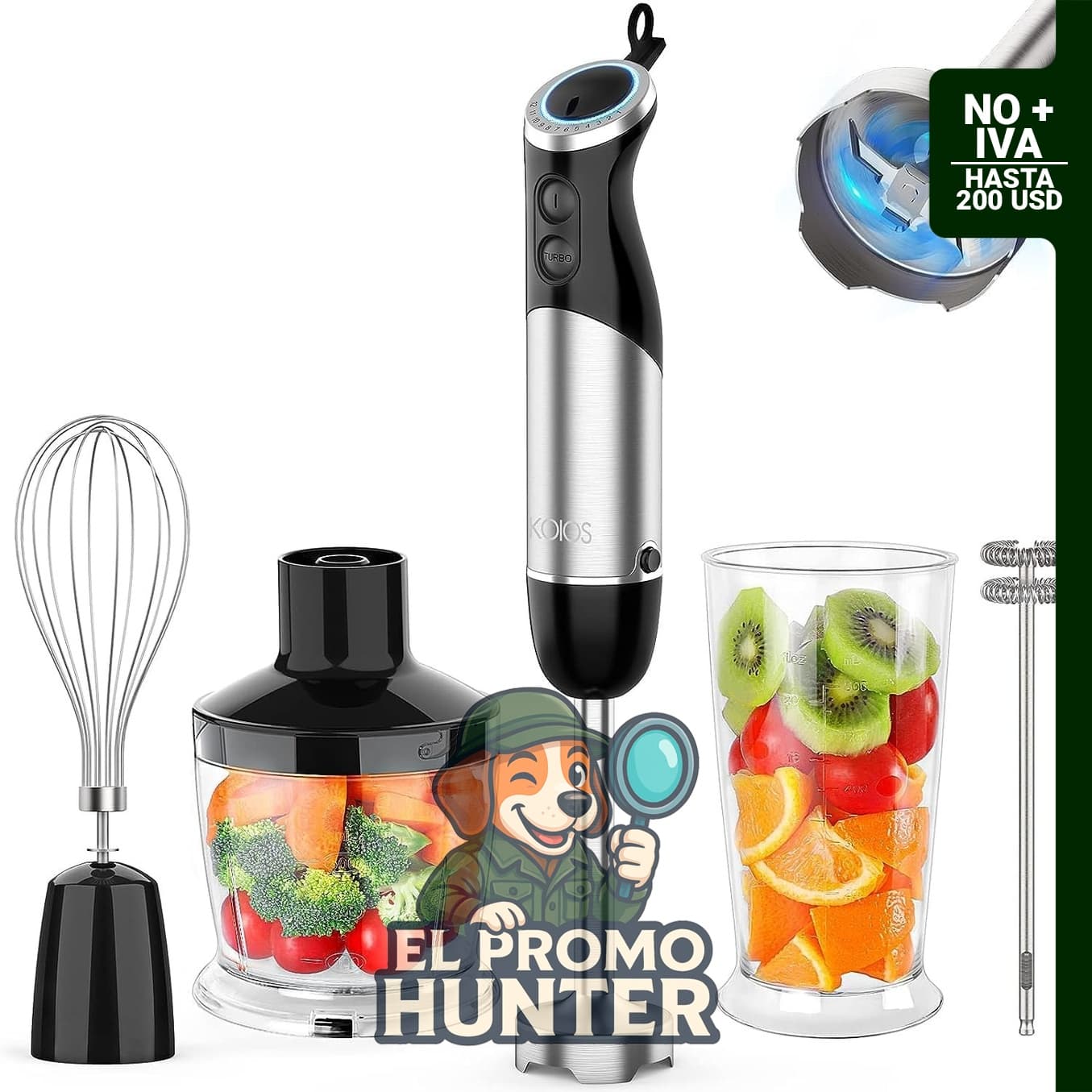 Batidora de inmersión KOIOS de 1000W, 12 velocidades, incluye cuchilla de acero inoxidable 304, vaso, batidor y espumador.