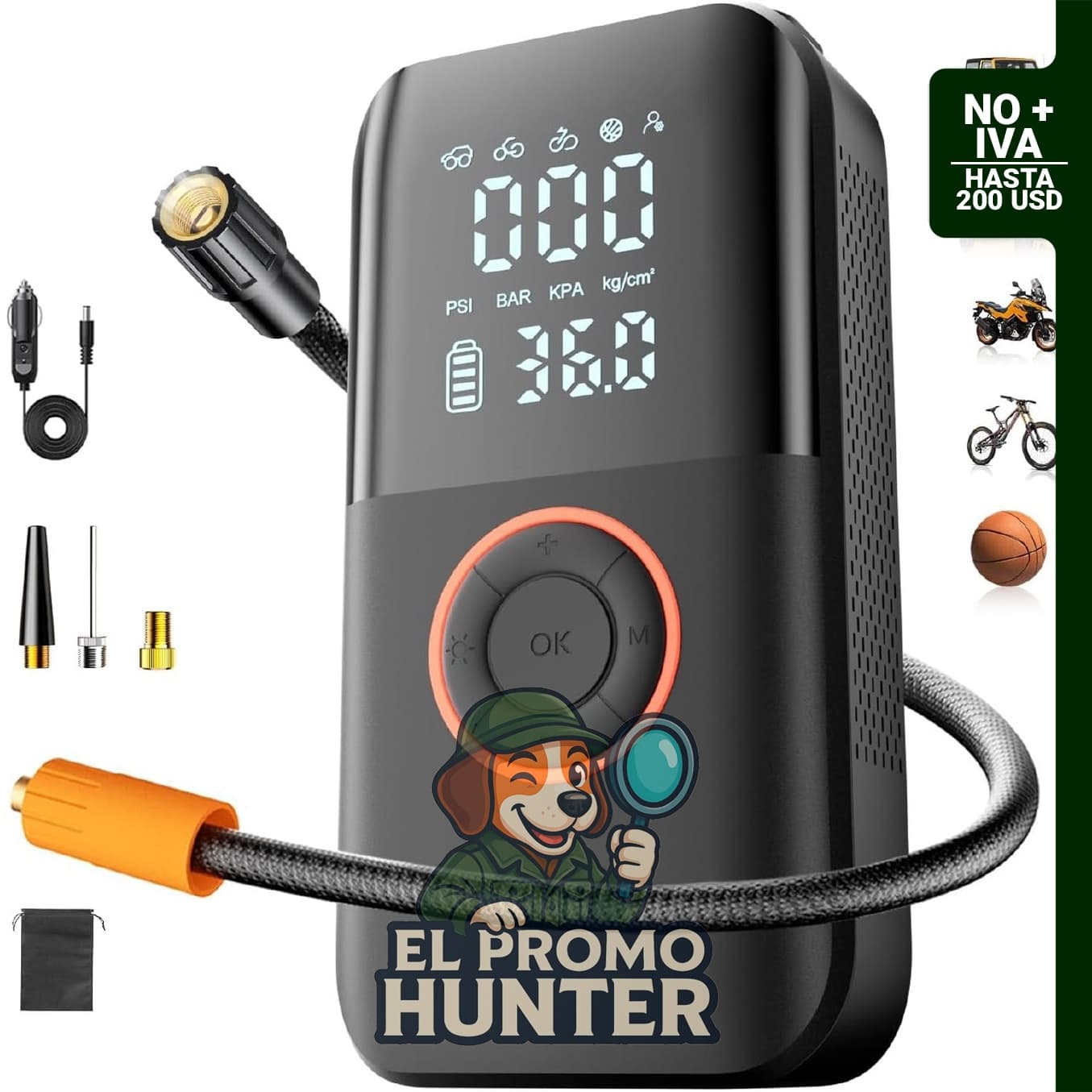 Inflador de neumáticos portátil Eyshwu, compresor de aire inalámbrico 150 PSI, alimentación 12V DC, batería 5400 mAh.