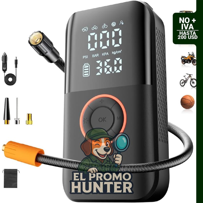 Inflador de neumáticos portátil Eyshwu, compresor de aire inalámbrico 150 PSI, alimentación 12V DC, batería 5400 mAh.