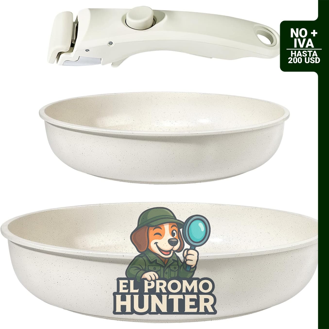 Set de 3 sartenes antiadherentes con mango extraíble.