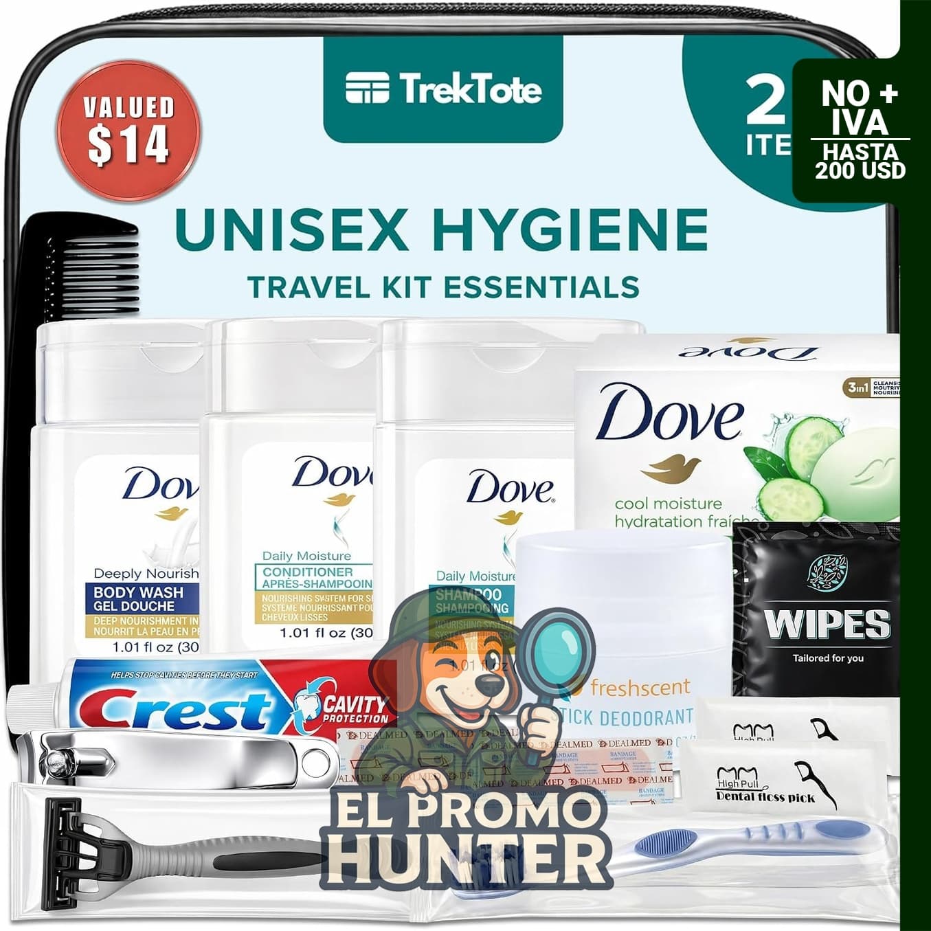 Kit de aseo de viaje de 20 piezas con bolsa, apto para TSA.