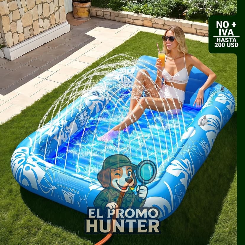 Flotador inflable XL 6 en 1 con aspersor, diseñado para uso en piscinas.