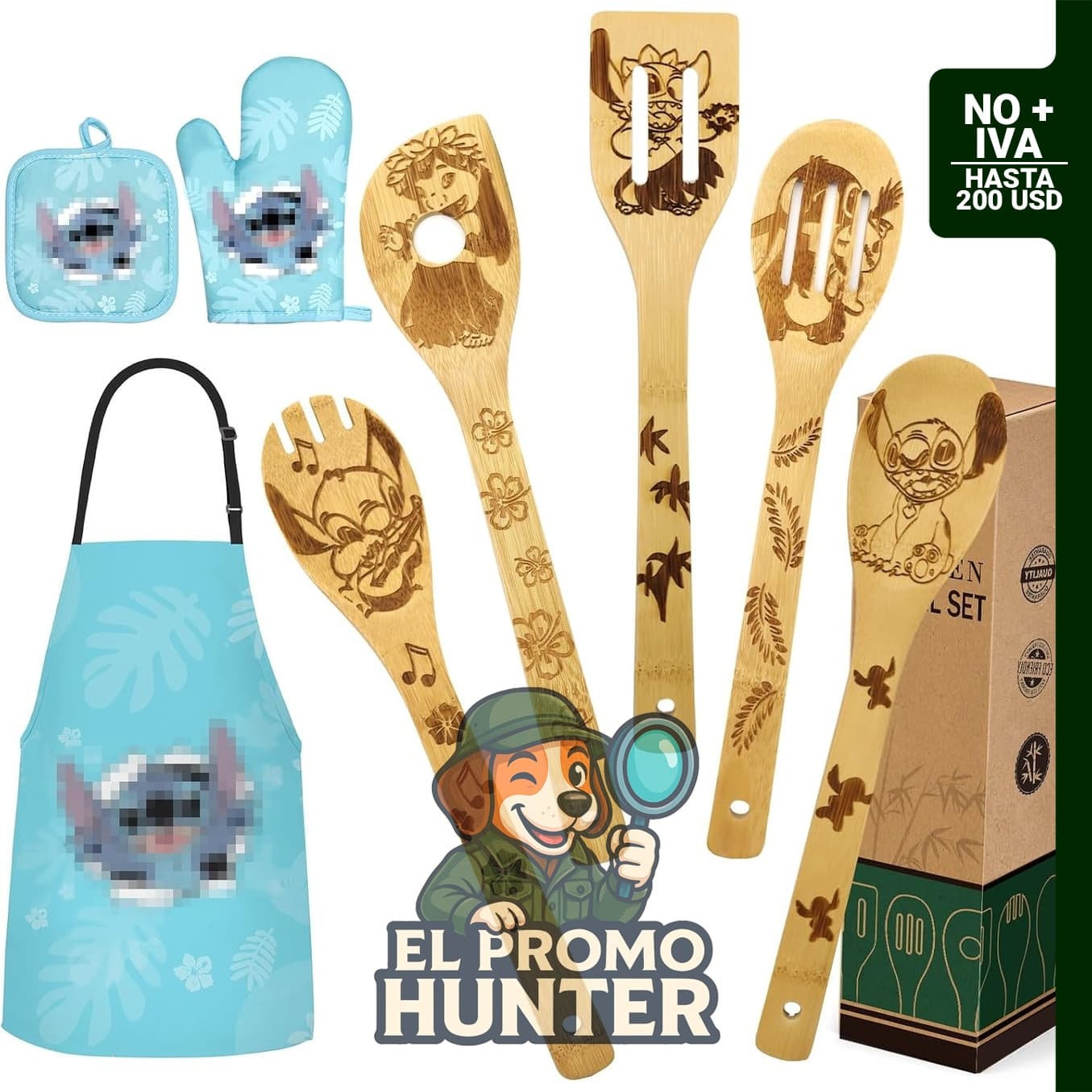 Set de cocina de bambú que incluye delantal y guantes.