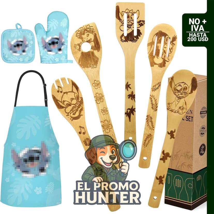 Set de cocina de bambú que incluye delantal y guantes.