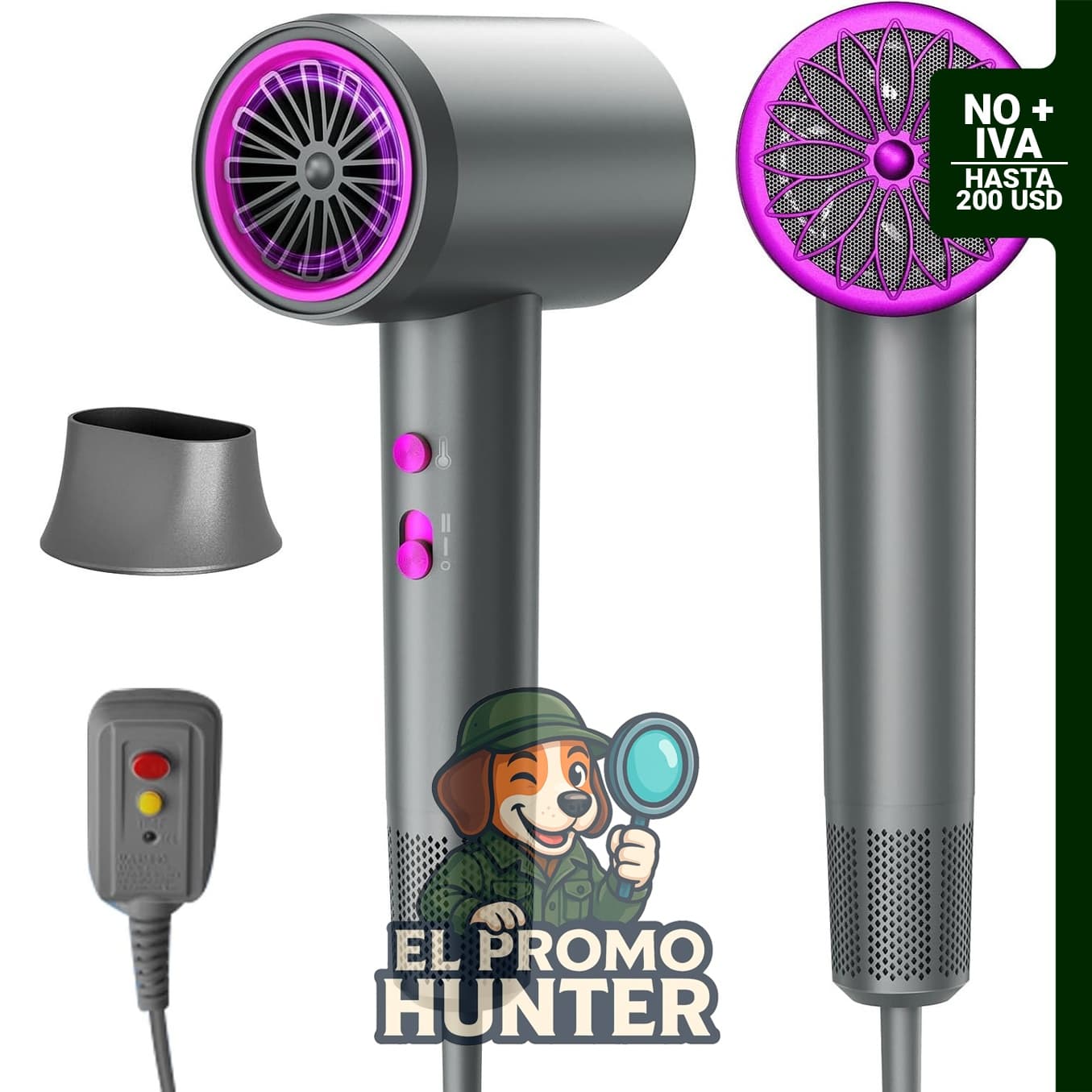Secador iónico de 1500 W, 110.000 RPM, diseñado para secado rápido.