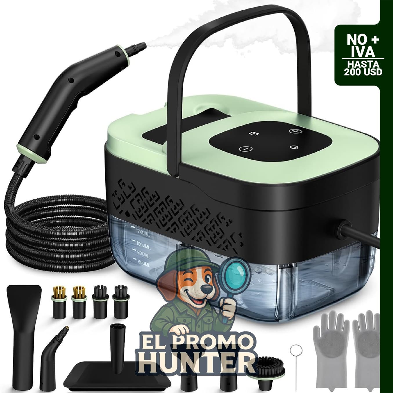 Limpiador a vapor de 1500 W con 16 accesorios.