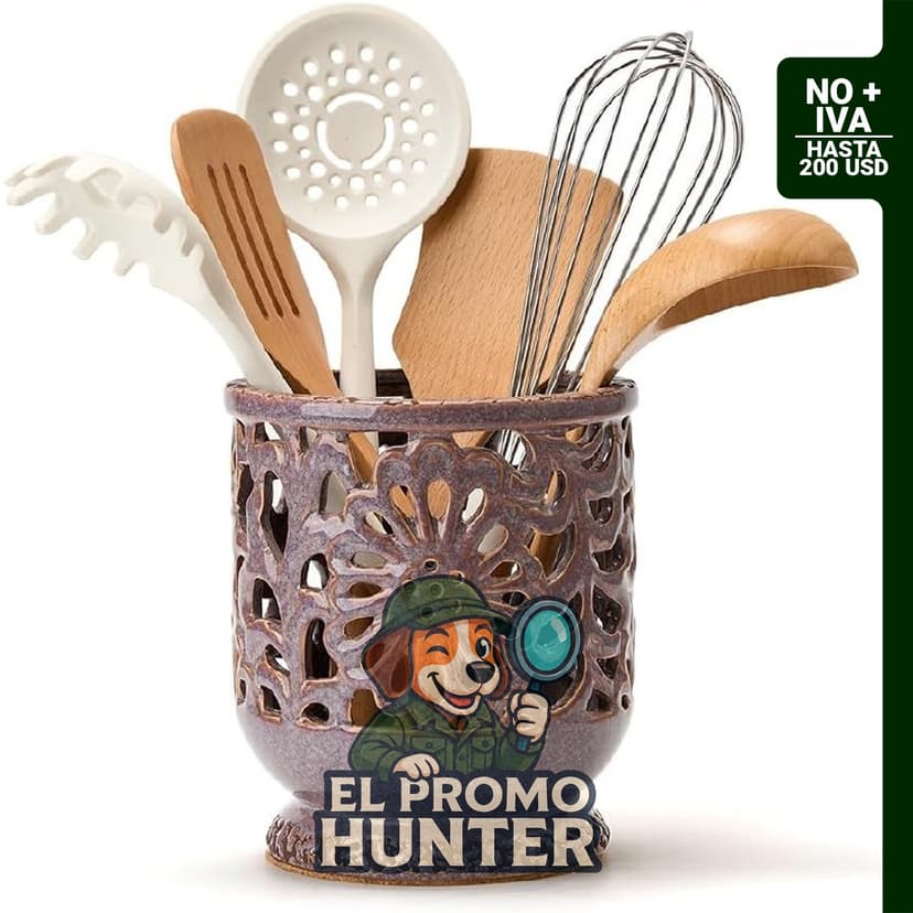 Soporte de cerámica para utensilios con base de corcho.