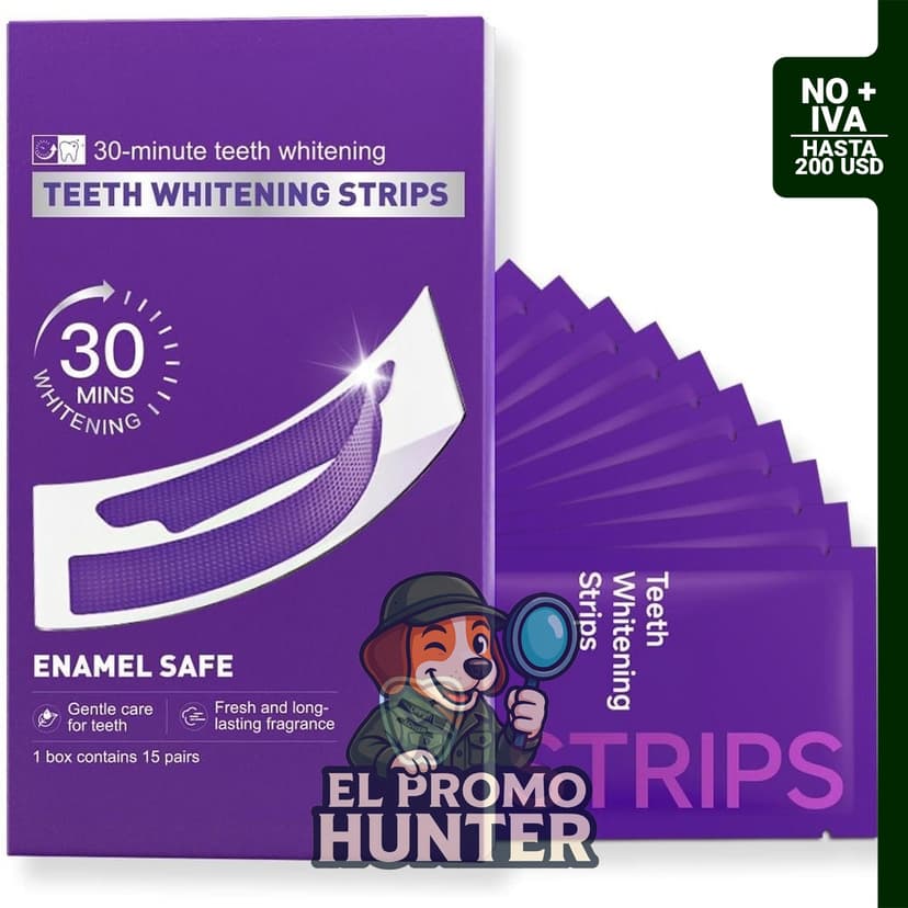 Tiras blanqueadoras moradas, esmalte seguro para dientes sensibles.