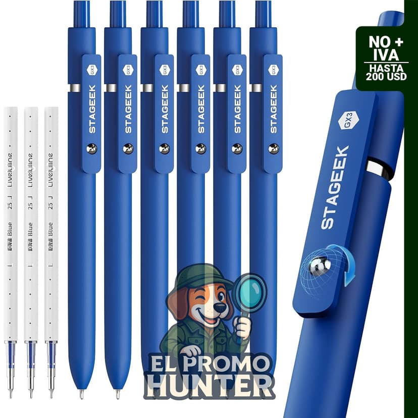 Set de 6 bolígrafos de gel azul de 0,7 mm con 3 recargas.