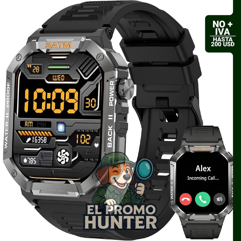 Reloj militar de 2.01” (5.1 cm) con certificación IP68, resistente al agua y al polvo.