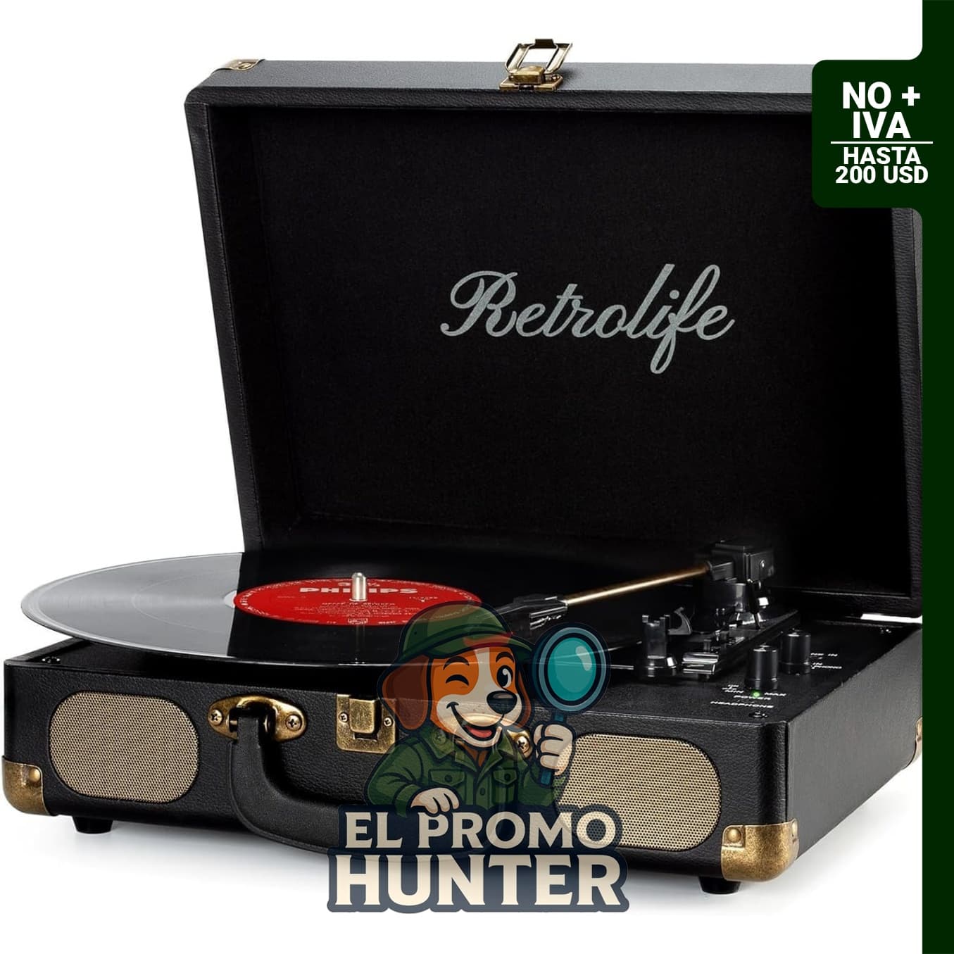 Reproductor de discos de vinilo portátil de 3 velocidades con Bluetooth y altavoces incorporados.