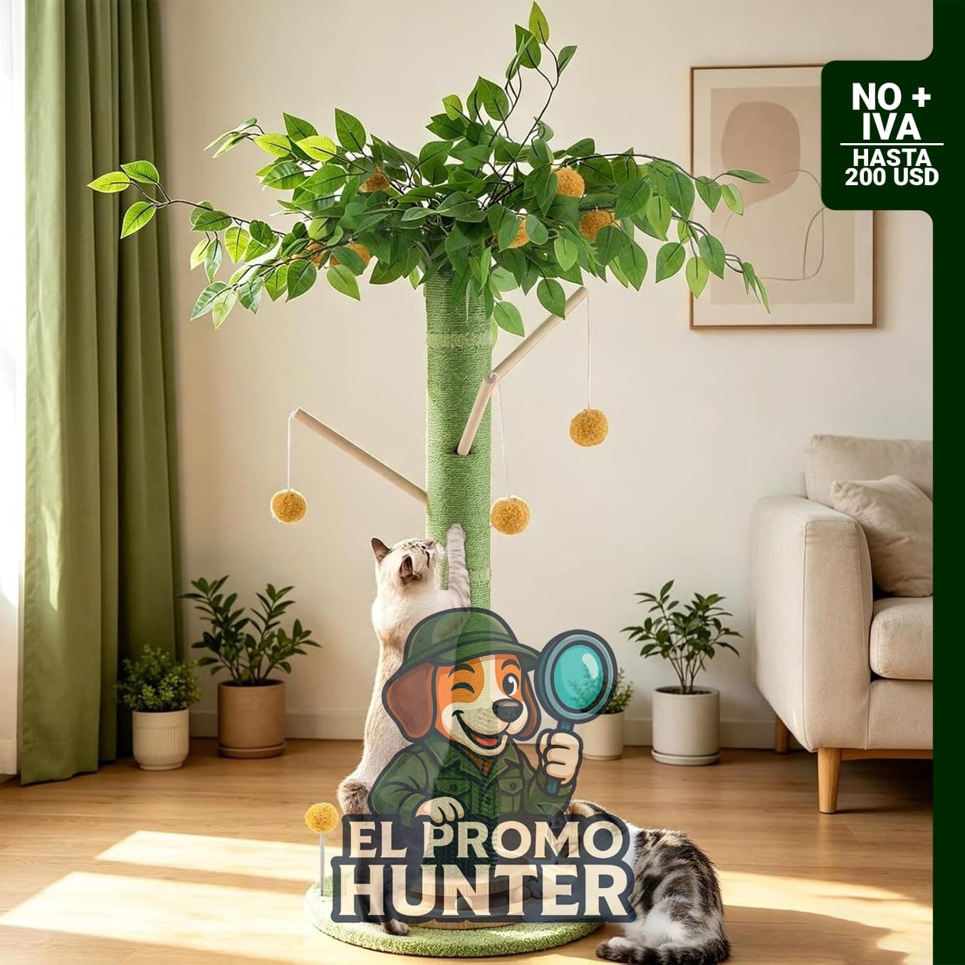 Rascador vertical para gatos de 114 cm de alto, con cuerda de sisal y base de madera sólida de 3 capas.