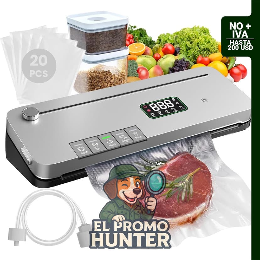 Máquina selladora al vacío de alimentos, 75 kPa, cortador integrado, función de pulso, temporizador digital, modos seco/húmedo, vacío externo para tarros, incluye 20 bolsas.