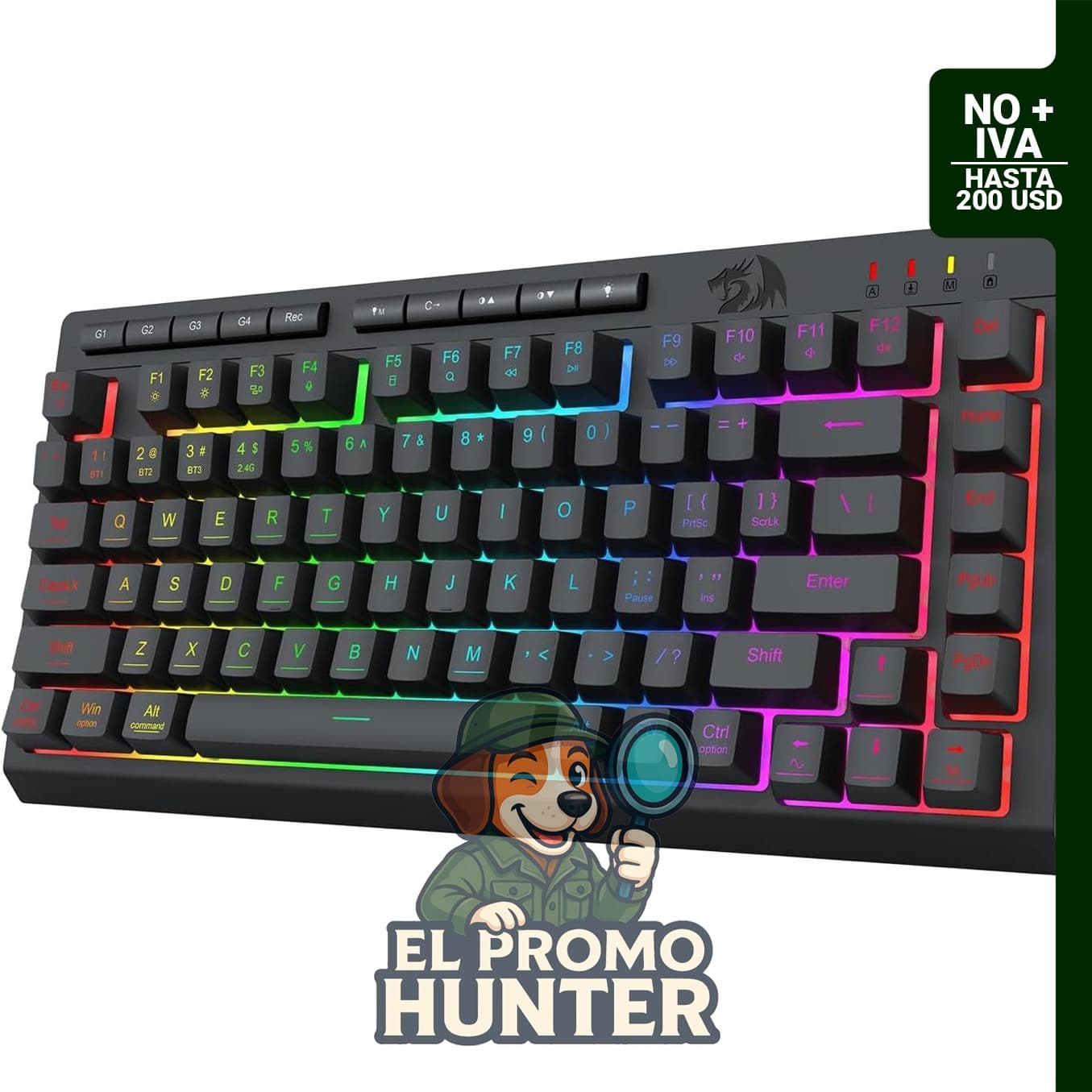 Teclado inalámbrico portátil Redragon, retroiluminado RGB, conexión Bluetooth/2.4GHz/USB-C, batería recargable de 4000 mAh.