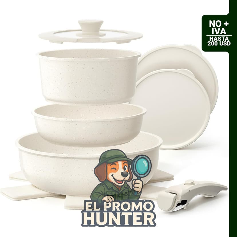 Set de 9 piezas de ollas y sartenes de granito, apto para horno y compatible con inducción.