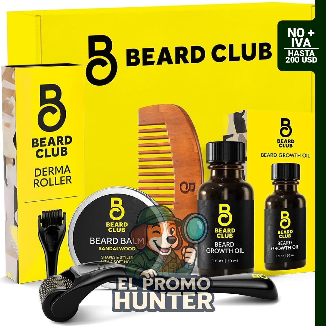 Kit de crecimiento de barba que incluye rodillo derma, aceite, bálsamo de sándalo y peine.