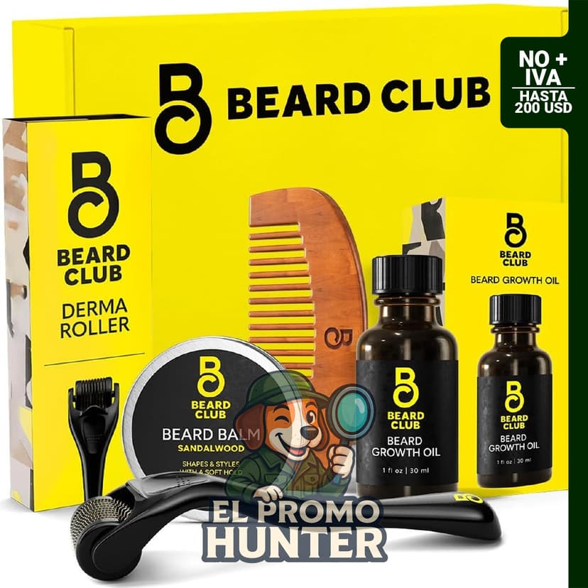 Kit de crecimiento de barba que incluye rodillo derma, aceite, bálsamo de sándalo y peine.