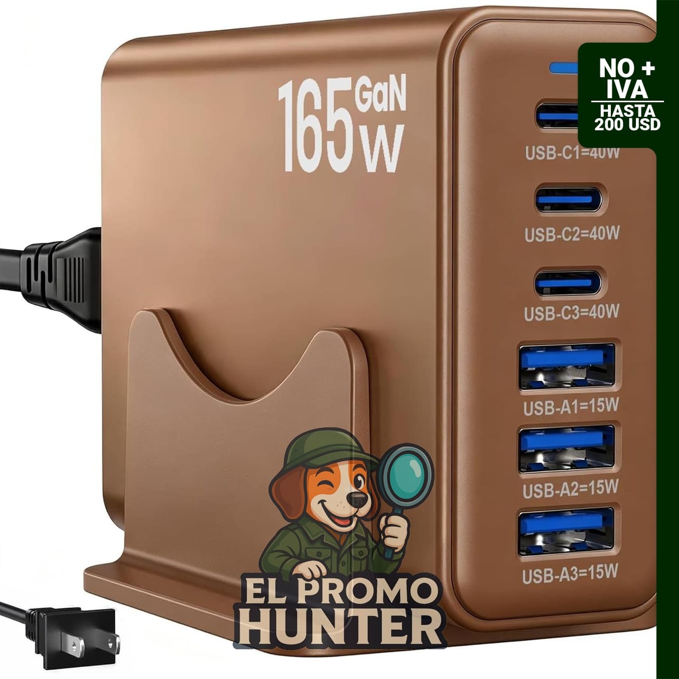 Estación de carga de 165W con 6 puertos, 3 USB-C PD de 40W y 3 USB-A de 15W, compatible con varios dispositivos.