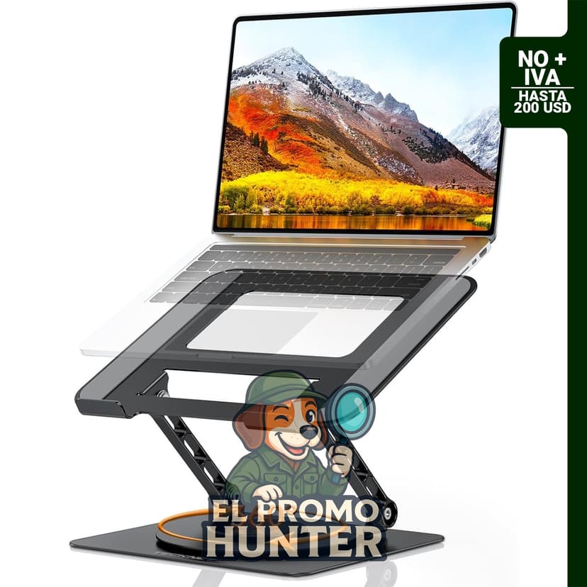 Soporte ajustable para laptop de 10-17" con rotación de 360°, compatible con MacBook y HP.