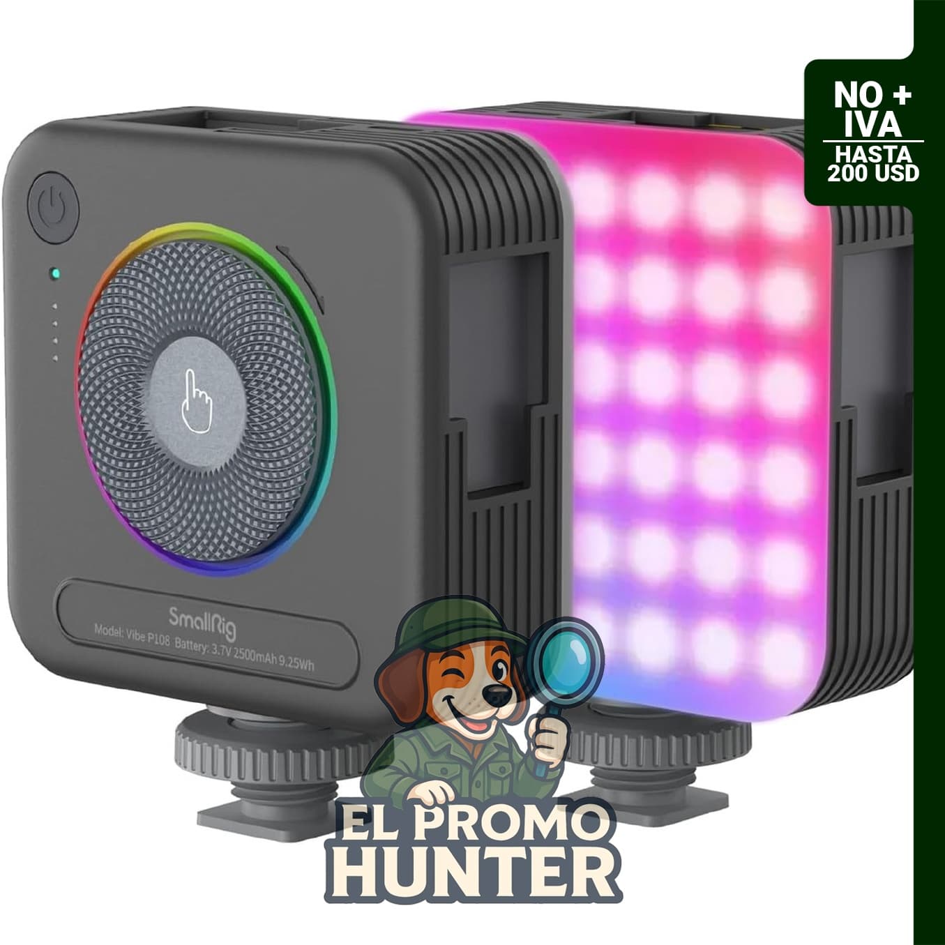 Luz de video RGB P108, iluminación LED portátil con 3 zapatas frías y batería recargable de 2500 mAh.