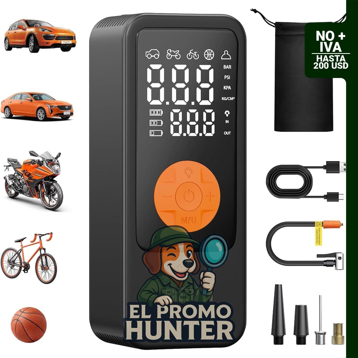Inflador portátil BEVA Q13, 150 PSI, inalámbrico, con manómetro digital y luz LED.