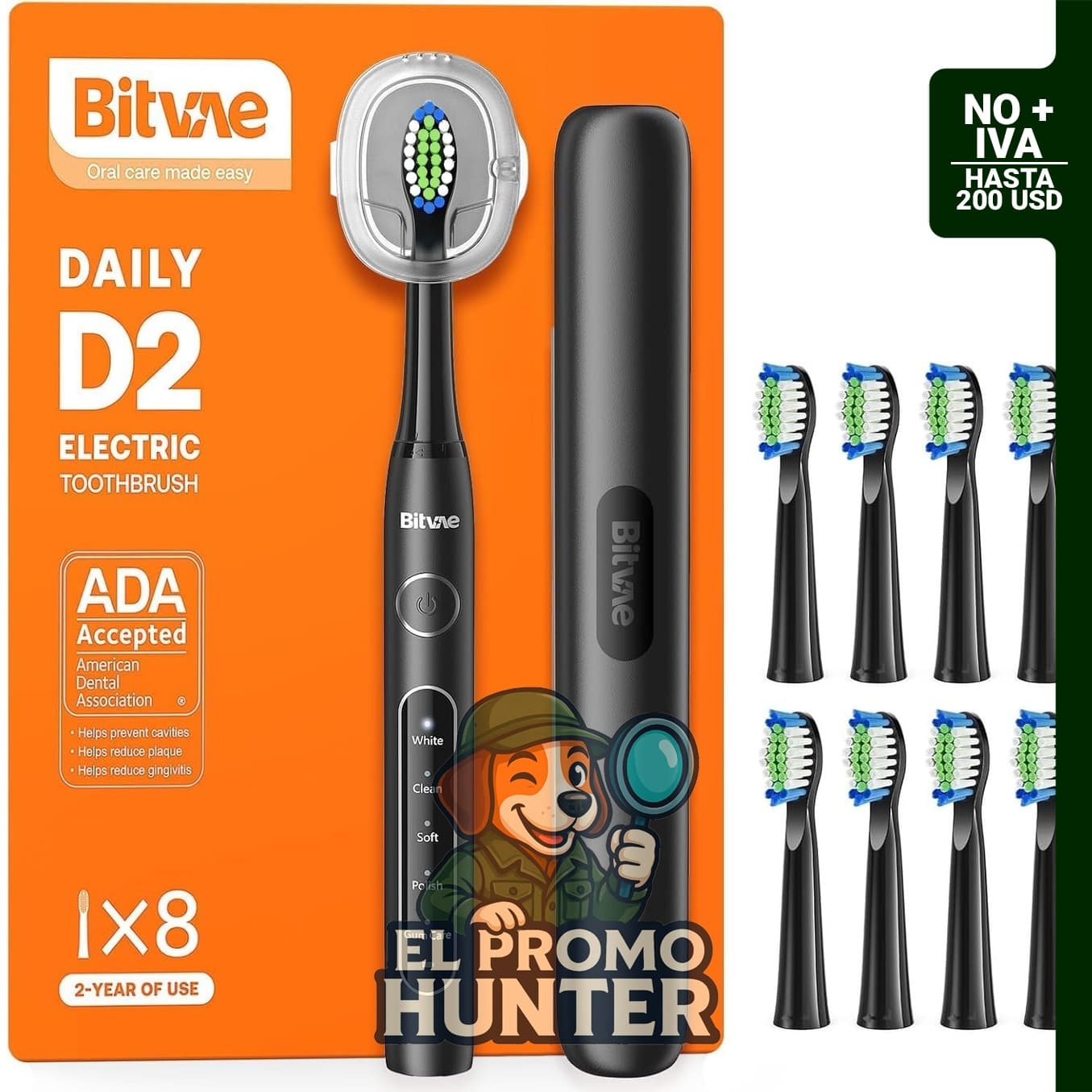 Cepillo de dientes eléctrico Bitvae, recargable, 5 modos, 8 cabezas, estuche de viaje, batería de 60 días.