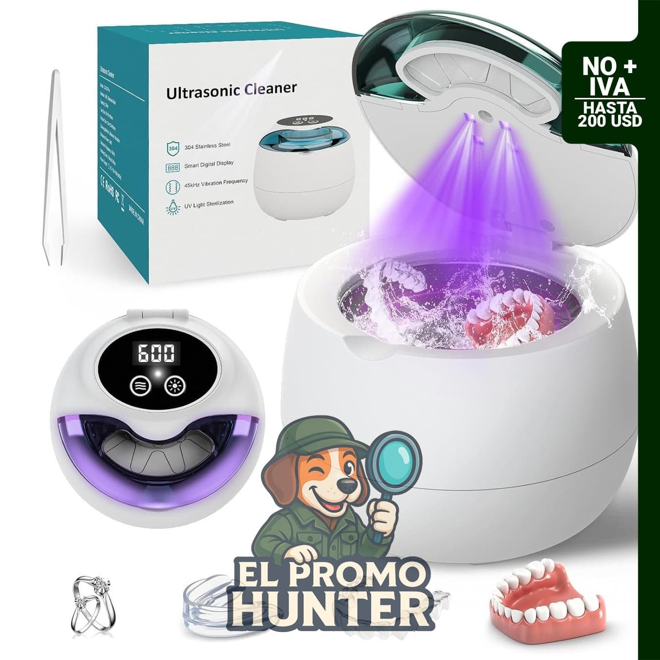 Máquina limpiadora ultrasónica de 45 kHz con luz UV, 200 ml de capacidad, 4 modos de limpieza.