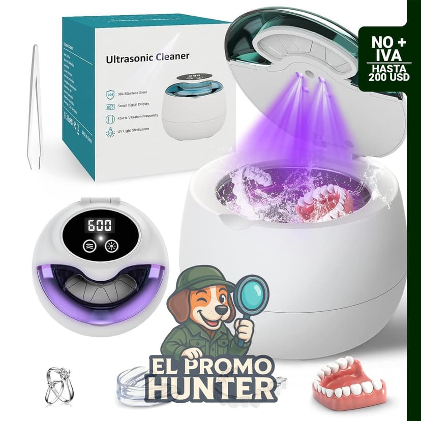 Máquina limpiadora ultrasónica de 45 kHz con luz UV, 200 ml de capacidad, 4 modos de limpieza.