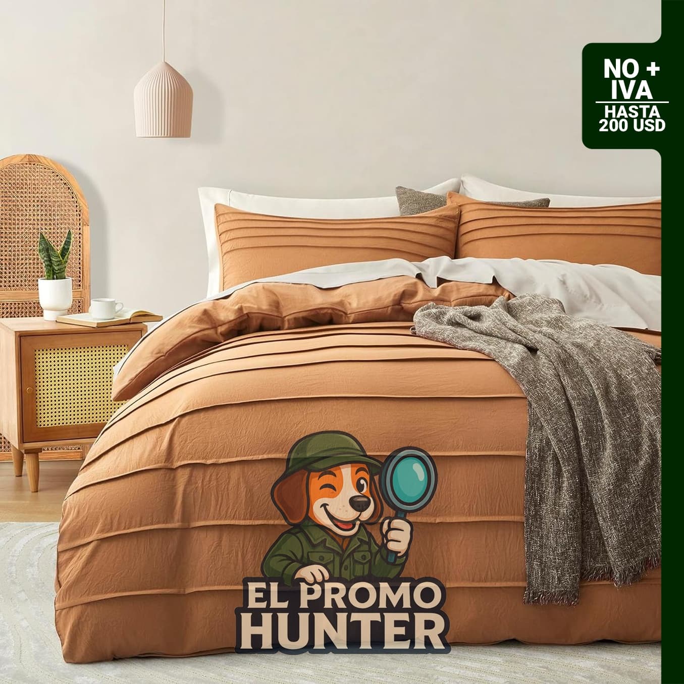 Funda de edredón plisada tamaño Queen en color marrón calabaza, incluye 3 piezas, con cierre de cremallera y 8 lazos en las esquinas.