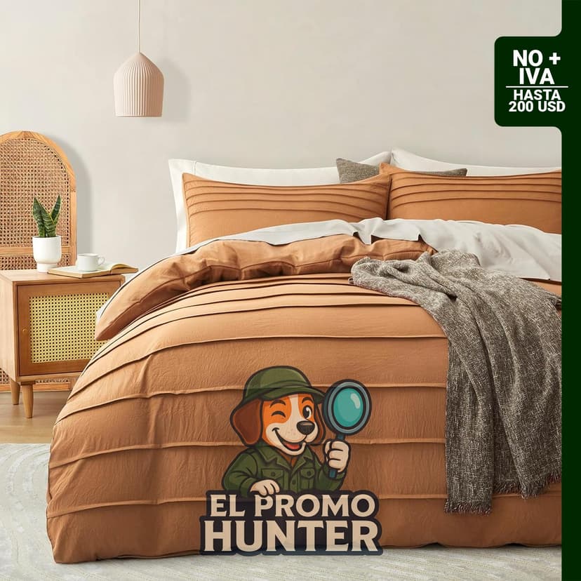 Funda de edredón plisada tamaño Queen en color marrón calabaza, incluye 3 piezas, con cierre de cremallera y 8 lazos en las esquinas.
