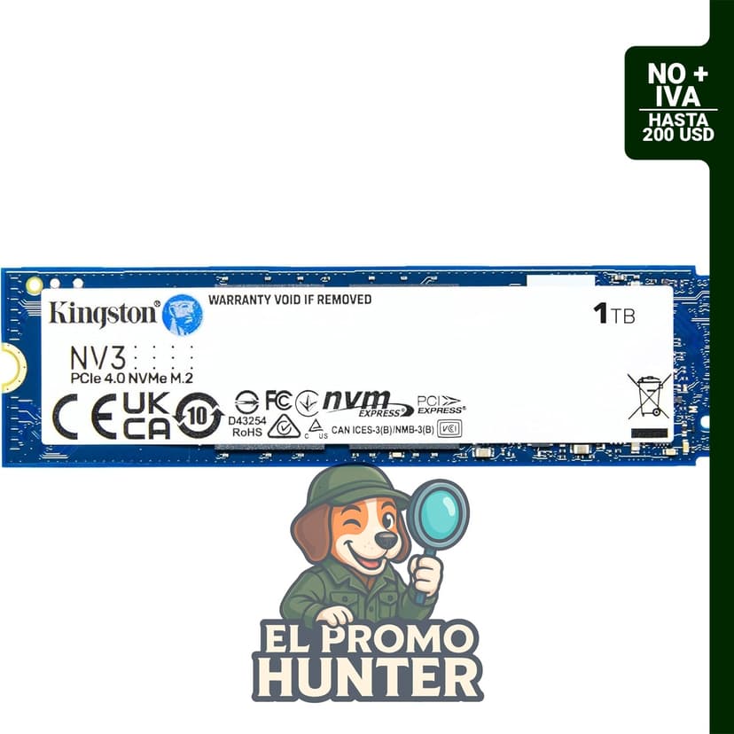 Kingston NV3 1TB M.2 2280 NVMe SSD, PCIe 4.0 Gen 4x4, velocidad de lectura de hasta 6000 MB/s.