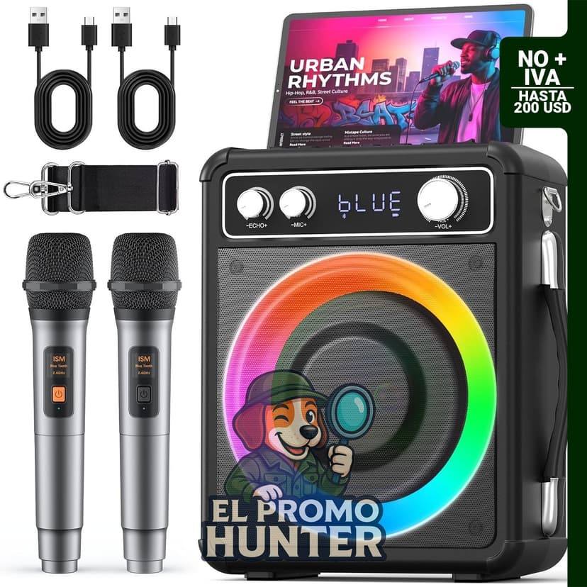 Máquina de karaoke portátil con altavoz Bluetooth, incluye 2 micrófonos inalámbricos y luces LED.