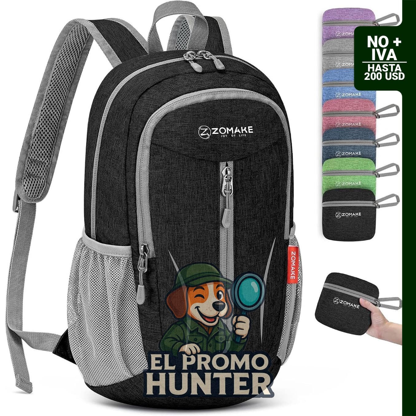 Mochila plegable ligera ZOMAKE de 10 L, color negro, resistente al agua y adecuada para senderismo.