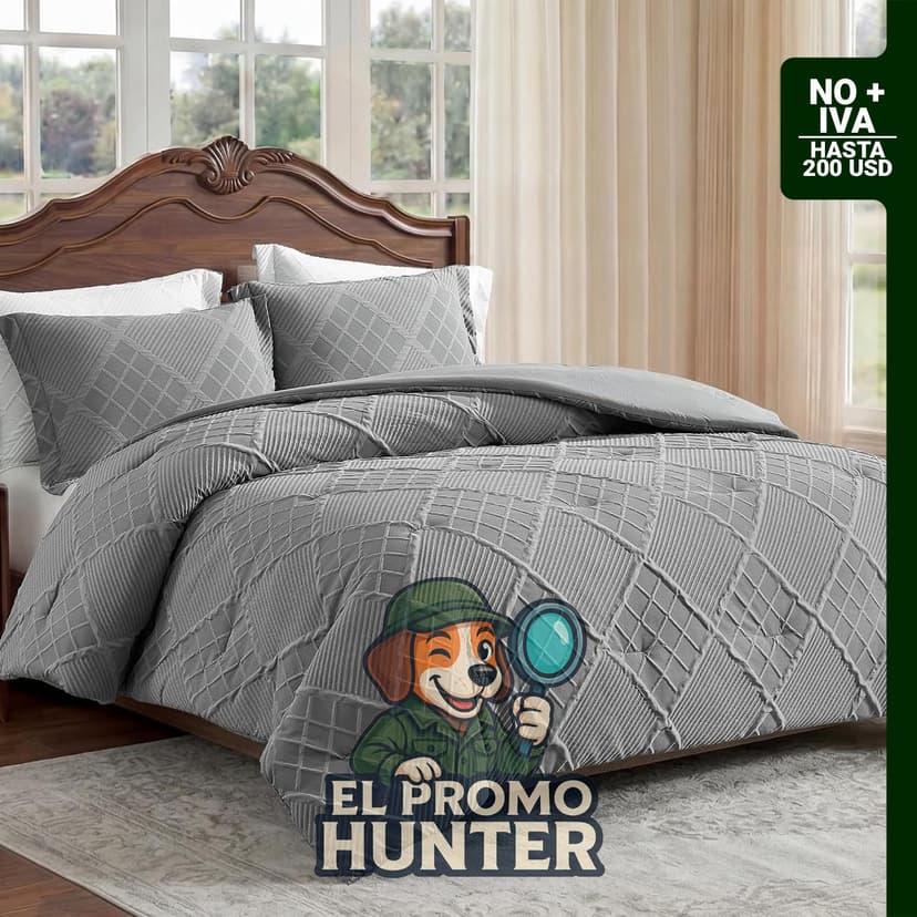 Juego de edredón tamaño King de 3 piezas en gris, material jacquard, diseño de rombos.