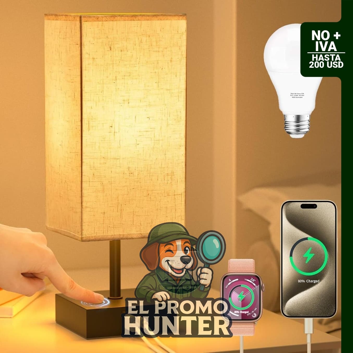 Lámpara de mesita de noche táctil con pantalla beige de 35,56 cm, regulable en 3 niveles, incluye bombillas LED.