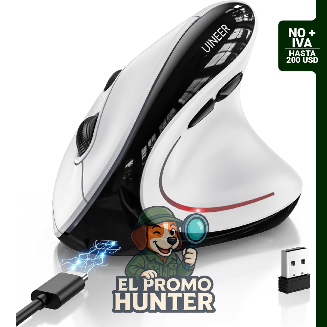 Ratón vertical inalámbrico Uineer con triple modo de conexión (Bluetooth 5.0/4.0 y USB 2.4G), recargable y silencioso.