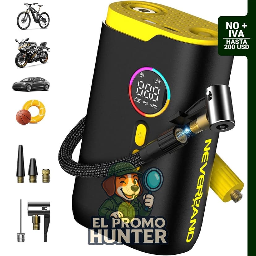 Compresor de aire eléctrico portátil Neverland para inflar neumáticos, 150 PSI, con función de apagado automático.