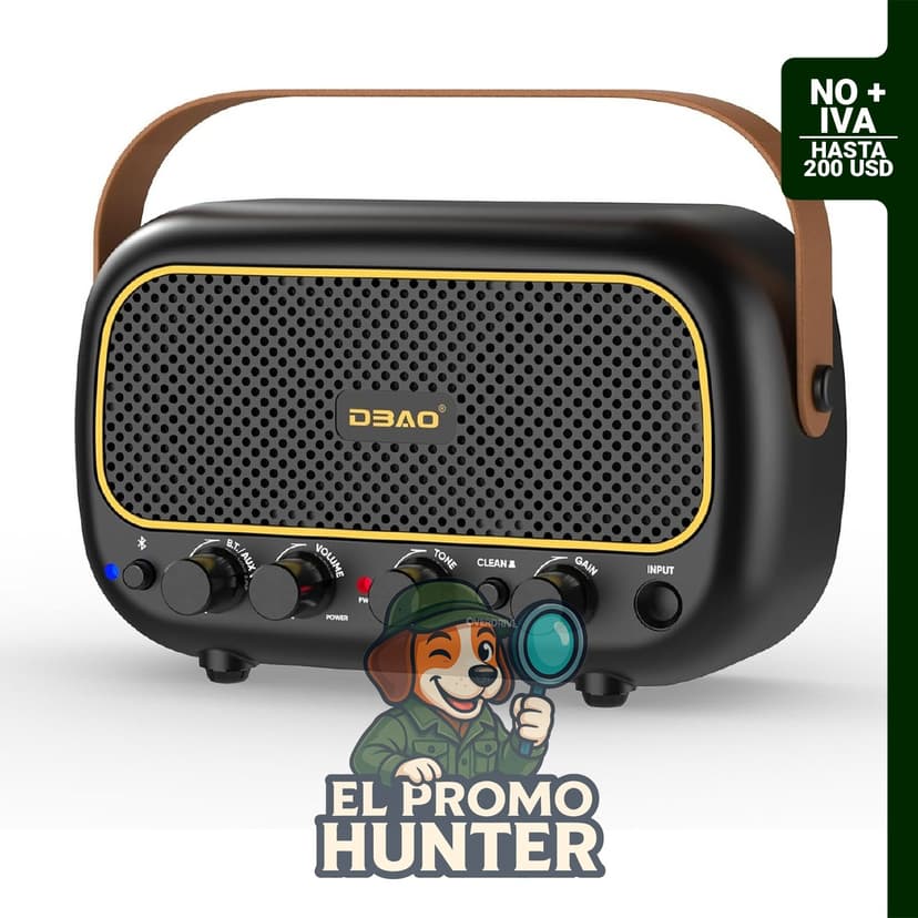 Mini amplificador de guitarra eléctrico de 5W con dos altavoces, recargable y con conectividad Bluetooth.