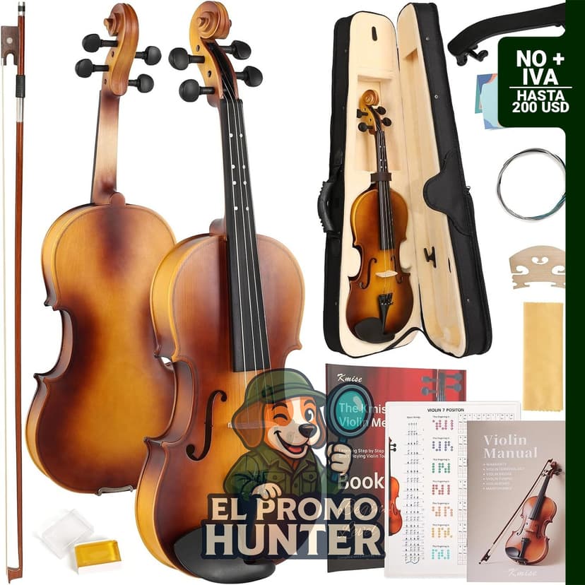 Set completo de violín 3/4, incluye estuche, resina, cuerdas, arco y soporte.