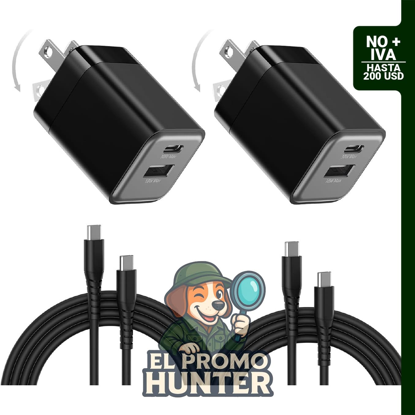 Cargador rápido Wegear de 30W con doble puerto USB-C y diseño plegable.