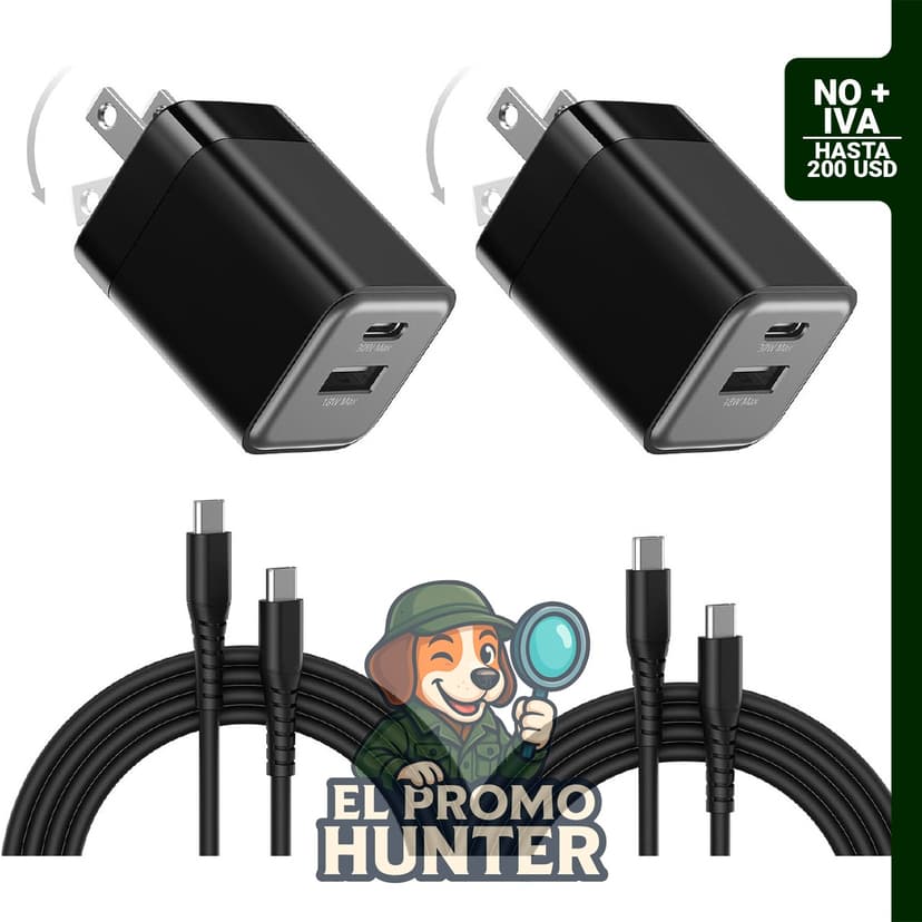 Cargador rápido Wegear de 30W con doble puerto USB-C y diseño plegable.