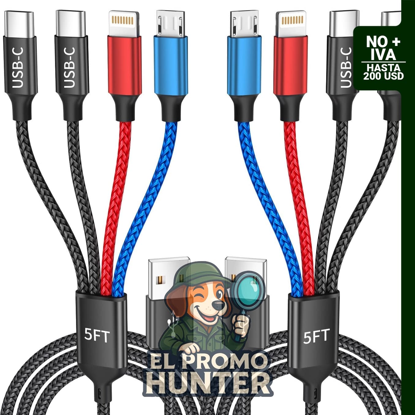 Cable de carga 4 en 1 con doble USB-C para múltiples dispositivos.