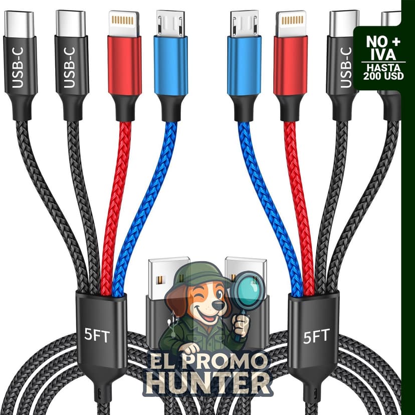 Cable de carga 4 en 1 con doble USB-C para múltiples dispositivos.
