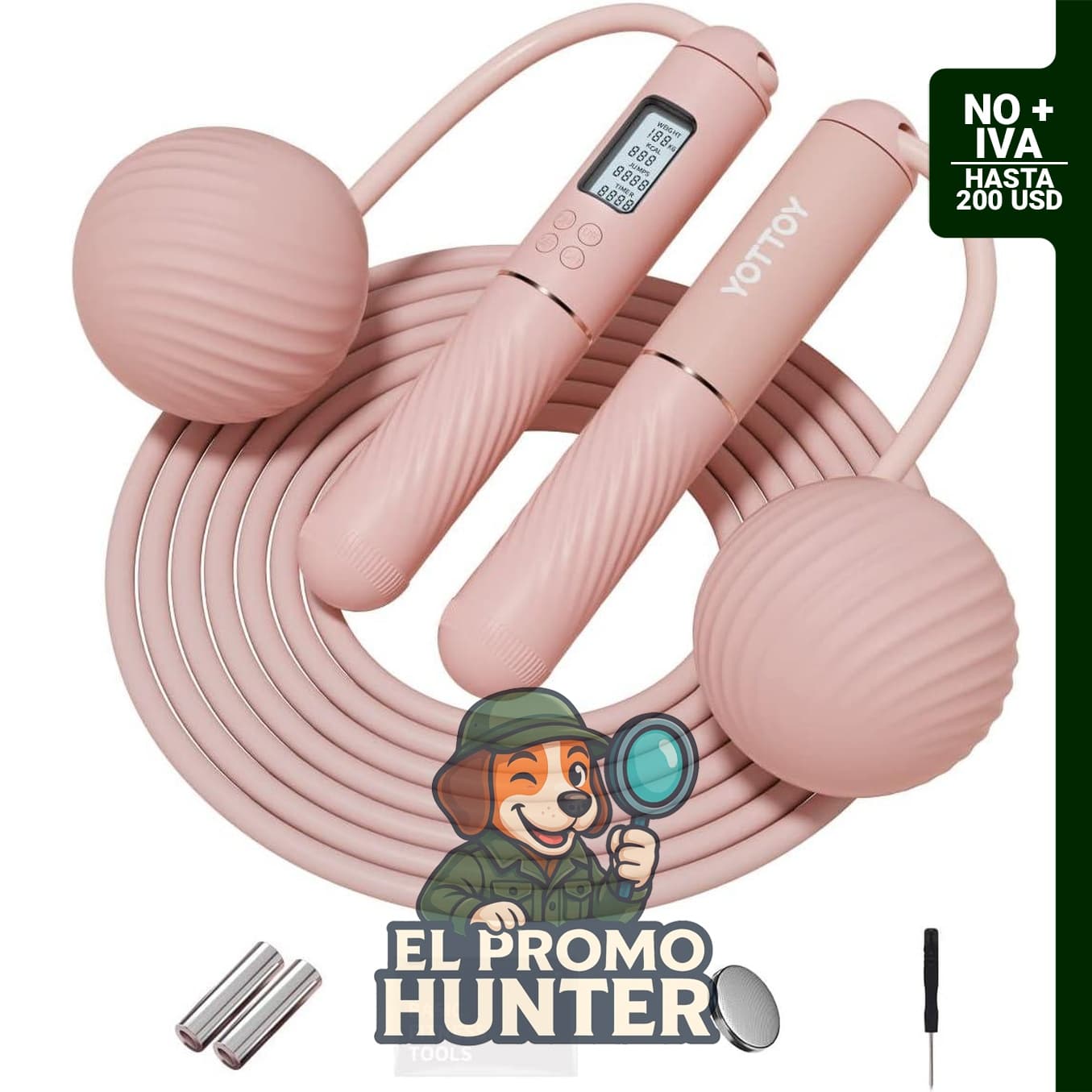 Cuerda de saltar inalámbrica con contador y bola, incluye pantalla LCD y peso ajustable.