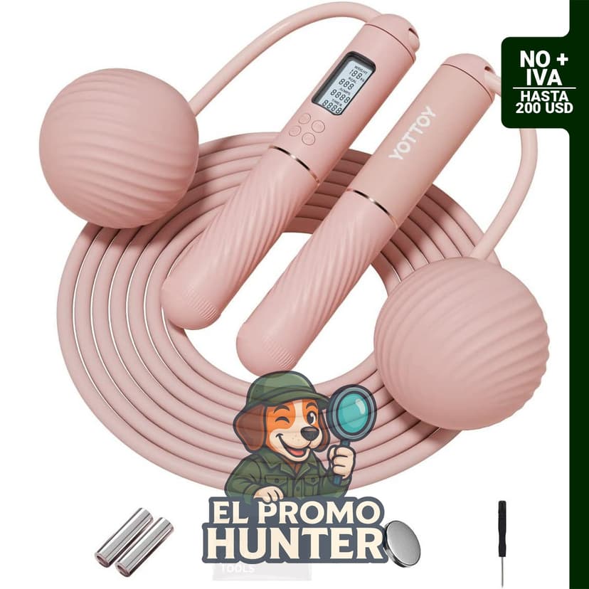 Cuerda de saltar inalámbrica con contador y bola, incluye pantalla LCD y peso ajustable.