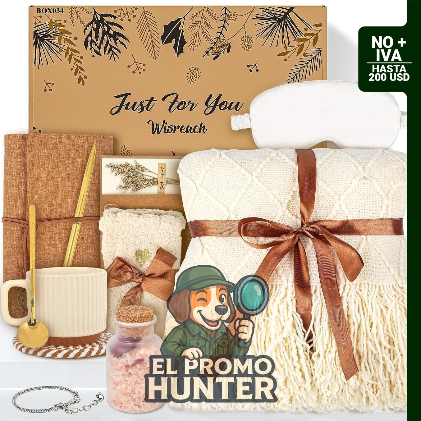 Cesta de regalo de spa para mujer con manta, calcetines, tazas de té y sales de baño.