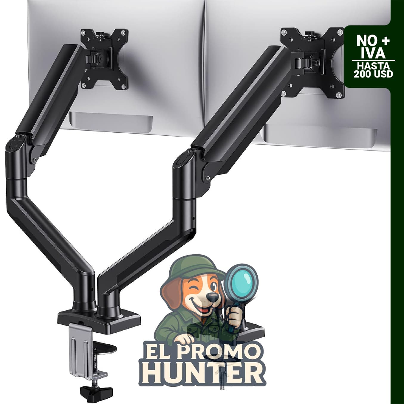 Soporte de monitor dual para dos monitores de hasta 81,3 cm (32") con capacidad de carga de 10 kg por brazo.